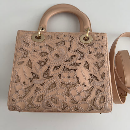 Dior Calfskin Medium Size Sand Pink Lace Ladydior Bag