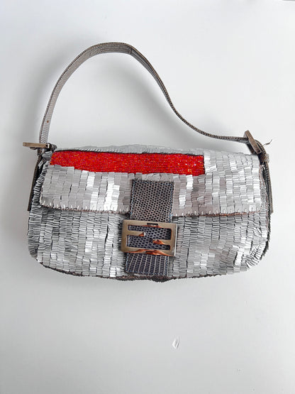 Fendi silver sequin with orange beaded strip baguette