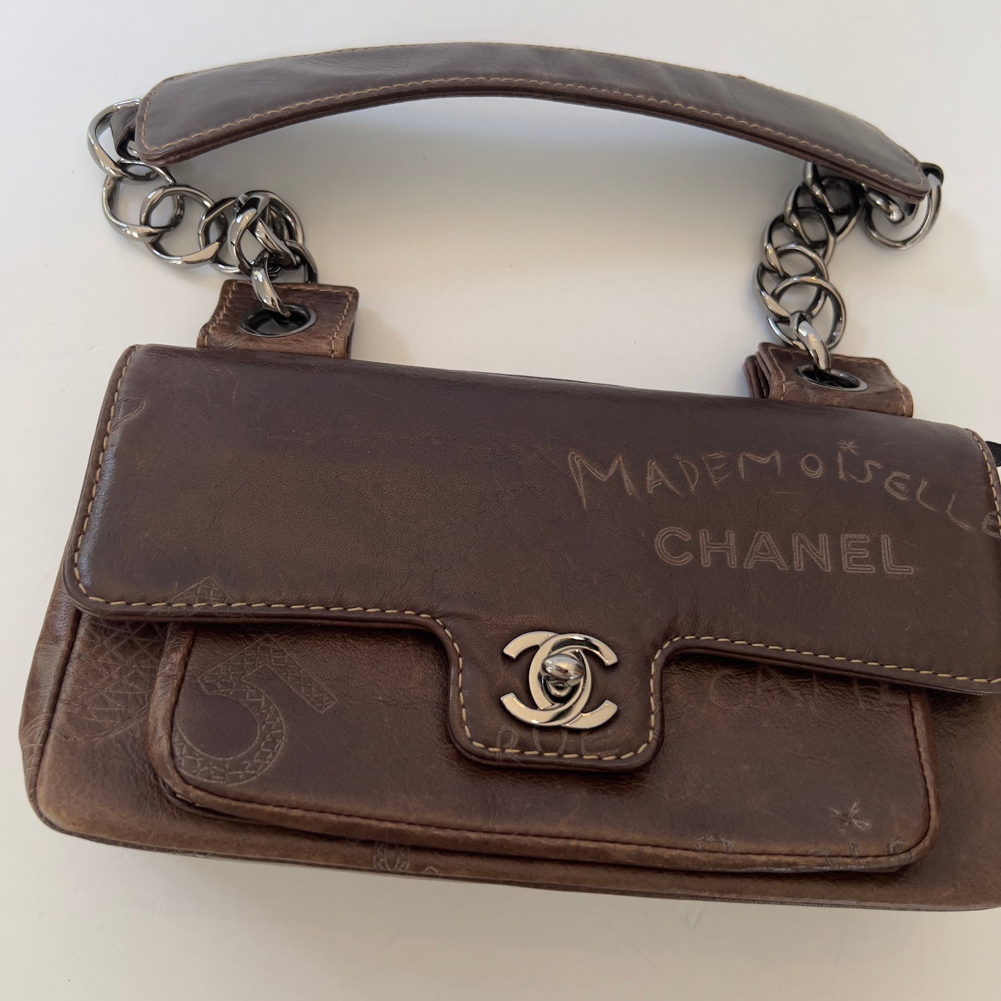 Vintage Chanel Brown Leather Graffiti Coco No 5 Bag