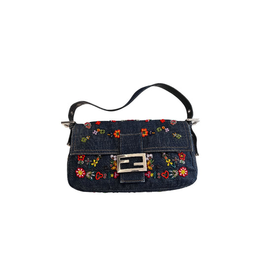 Fendi 15th anniversary denim floral beaded baguette