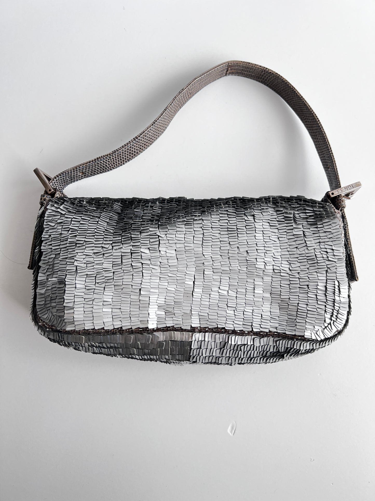 Fendi silver sequin with orange beaded strip baguette