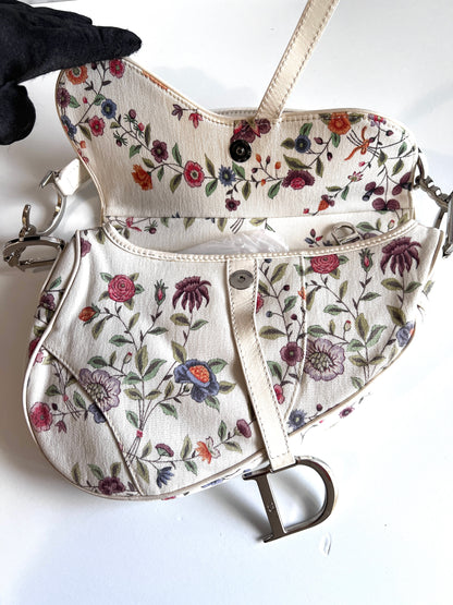 Dior limited edition white floral  canva saddle bag