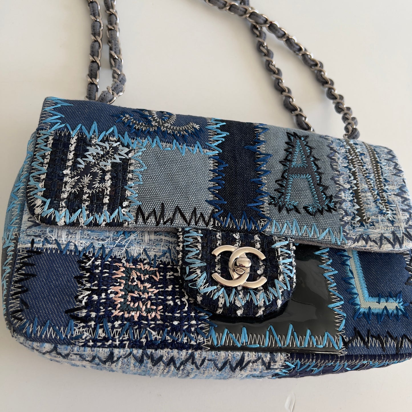 Chanel Multicolor Denim Coco Mark Patchwork Chain Shoulder Bag Medium