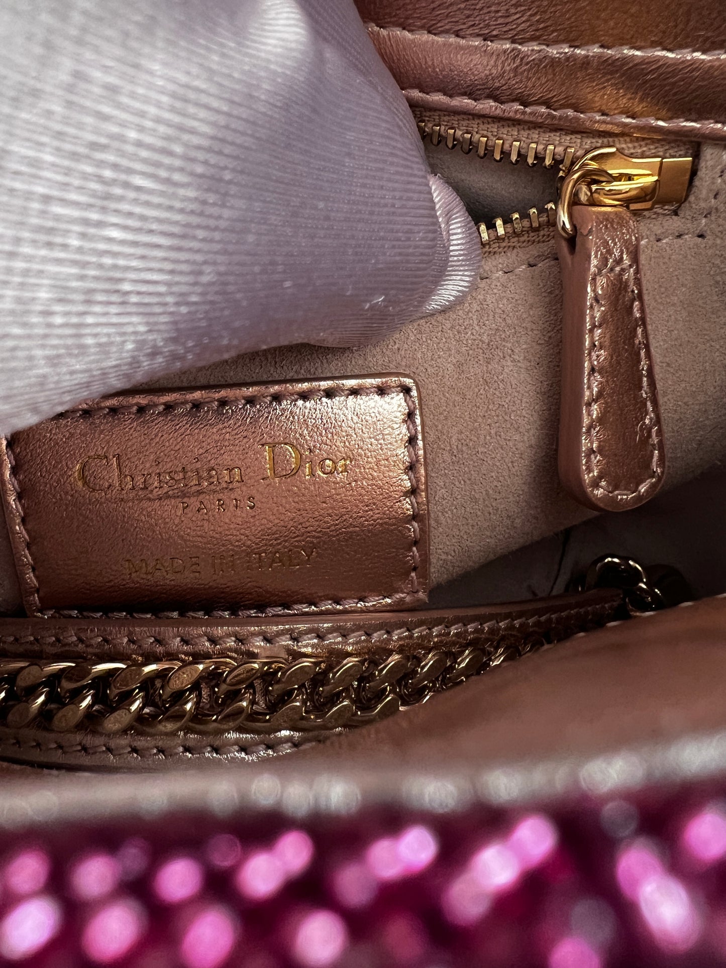 Pre-loved Mini Lady Dior Bag
Metallic Lambskin and Rose des Vents Satin Embroidered with Beads