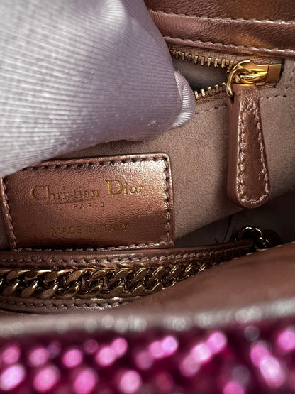 Pre-loved Mini Lady Dior Bag
Metallic Lambskin and Rose des Vents Satin Embroidered with Beads