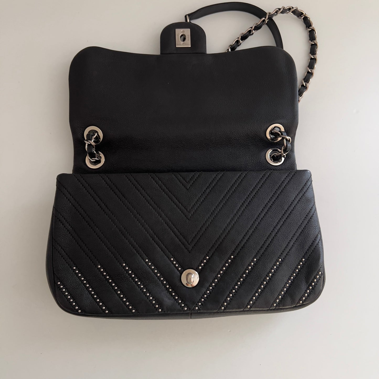 Chanel Calfskin Studded Chevron Medium Stud Wars Flap Black