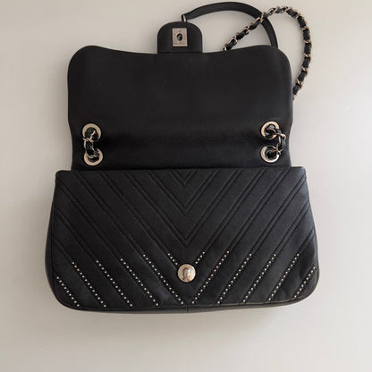 Chanel Calfskin Studded Chevron Medium Stud Wars Flap Black