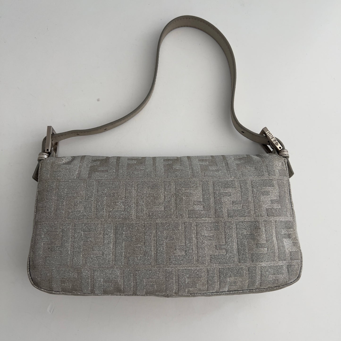 Fendi Metallic FF Silver Cloth Baguette