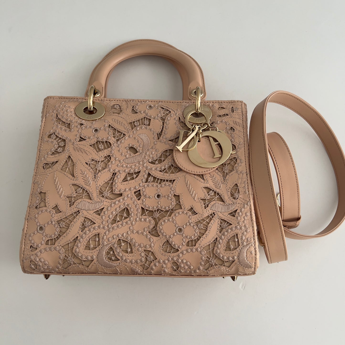 Dior Calfskin Medium Size Sand Pink Lace Ladydior Bag