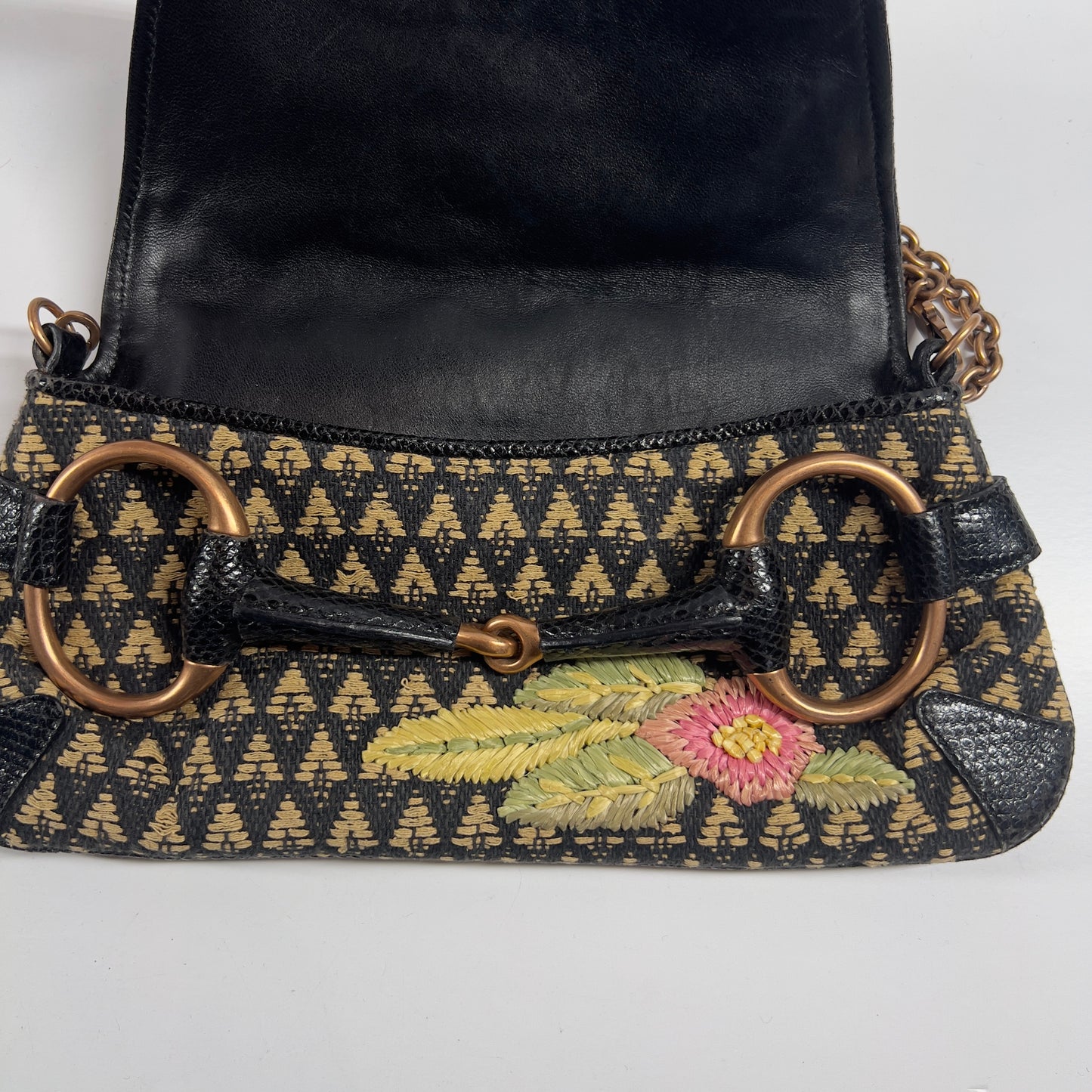 Vintage Tom Ford GUCCI Raffia Embroidered Horsebit Chain Bag