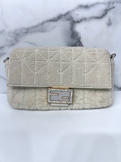 New version Fendi cream color shearling beaded baguette