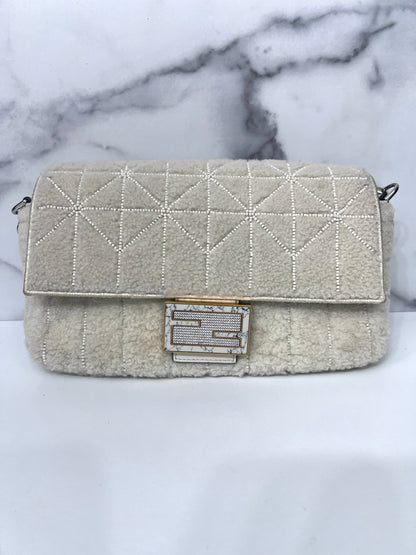 Fendi New version cream color shearling beaded baguette