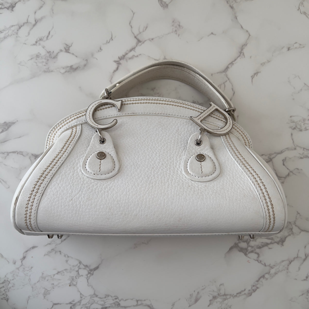 Vintage Christian Dior 2005 Floral Embroidered Detective Bowler Bag – White