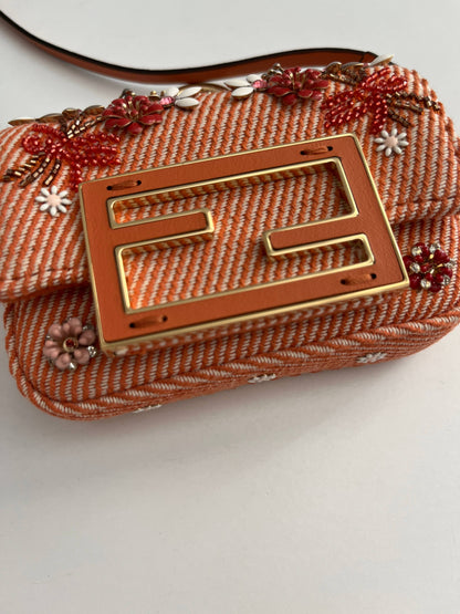 Fendi Baguette nano orange denim beaded shoulder bag