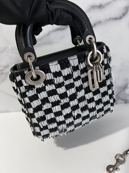 Dior fringe beaded black& white plaid lady dior bag