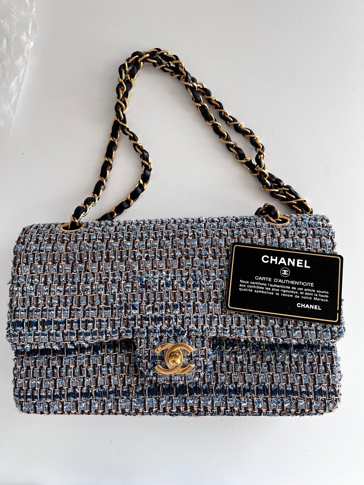 Chanel medium size blue tweed double flap bag