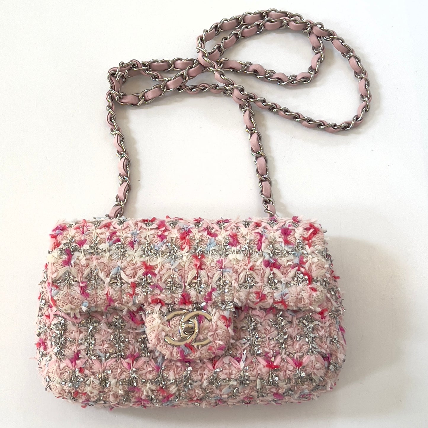 CHANEL Tweed Quilted Mini Rectangular Flap Light Pink Silver