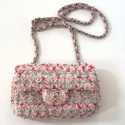CHANEL Tweed Quilted Mini Rectangular Flap Light Pink Silver