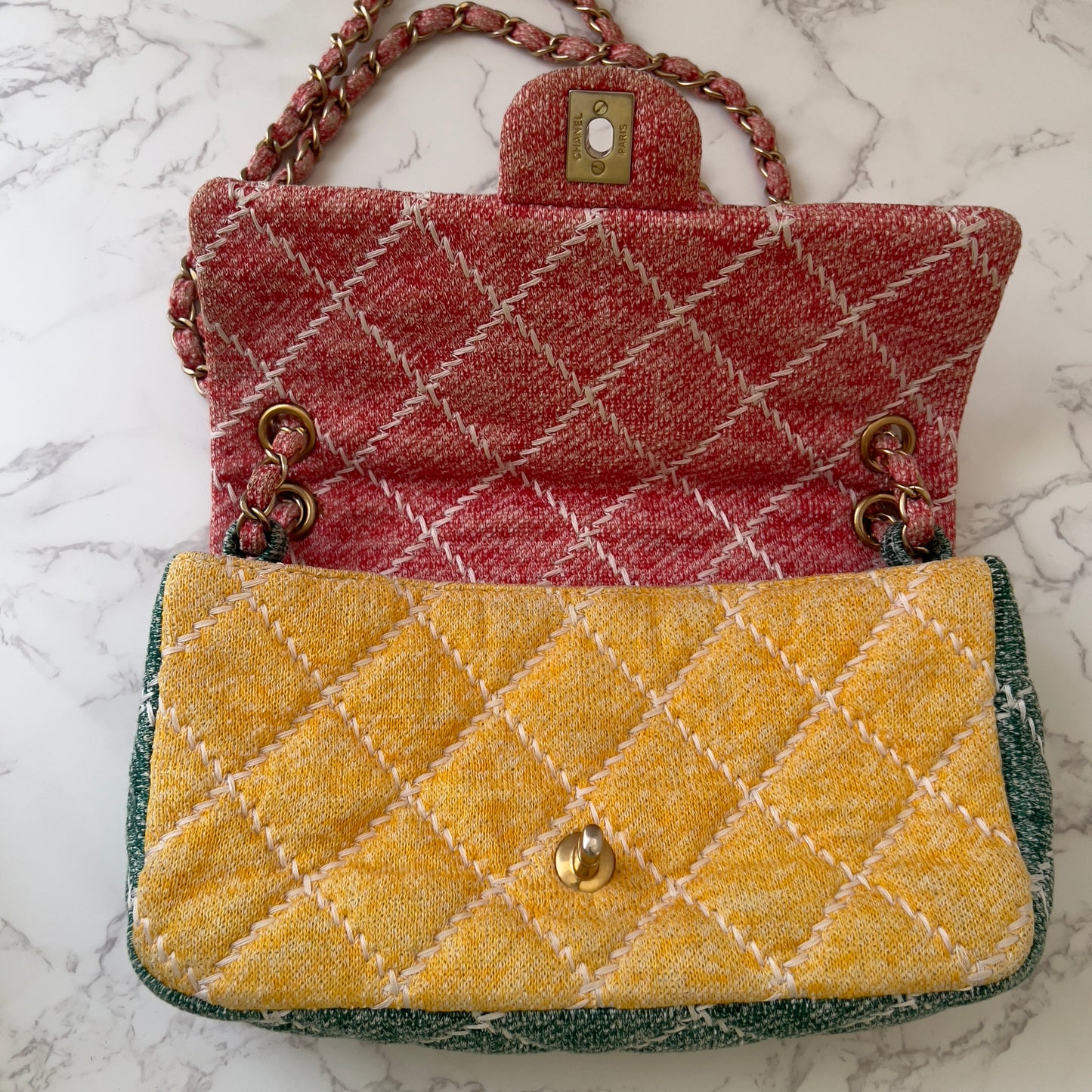 CHANEL Jersey Quilted Fabrics and Co Flap Multicolor Medium Size