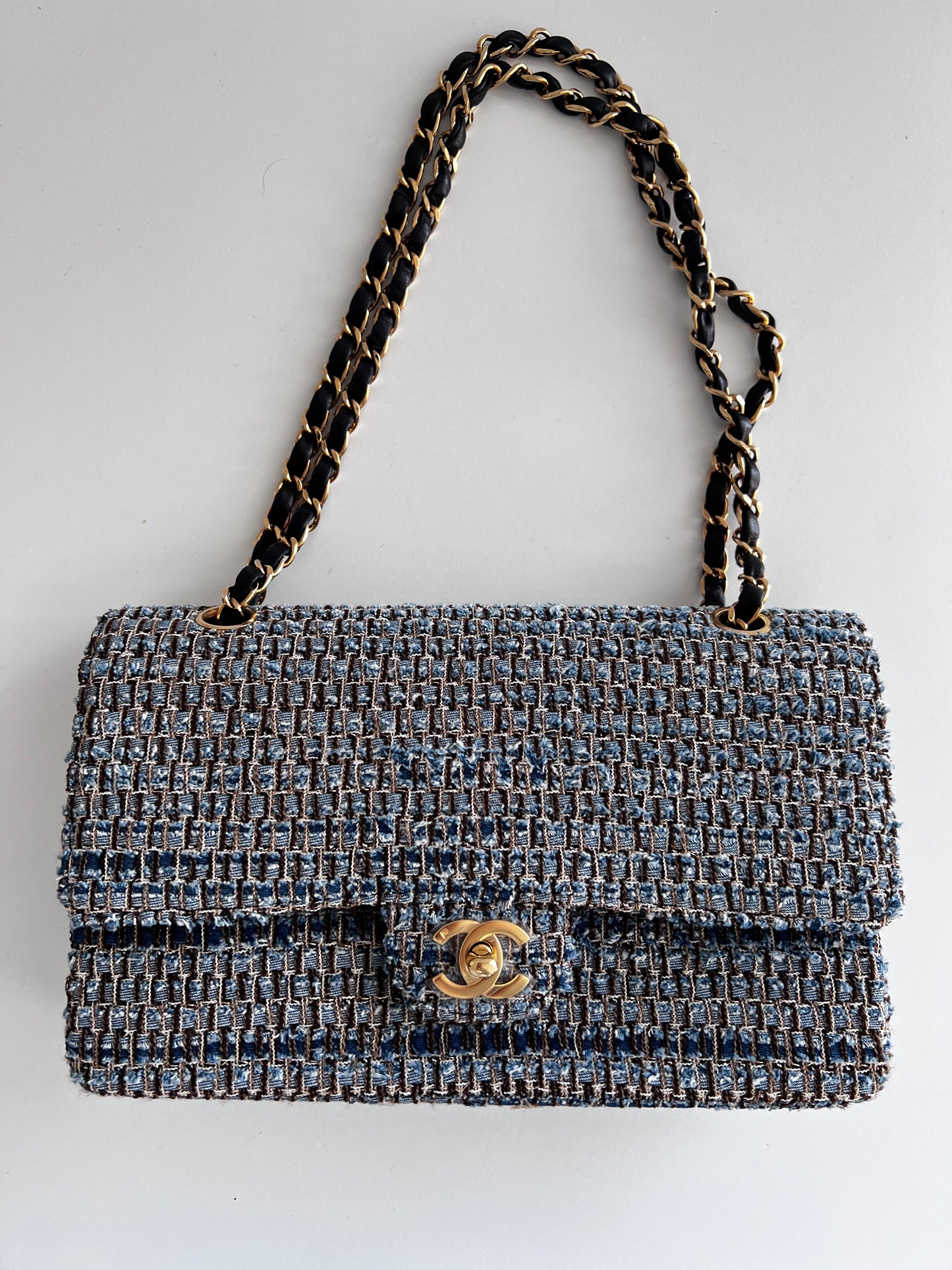 Chanel medium size blue tweed double flap bag