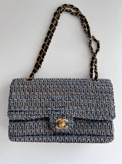 Chanel medium size blue tweed double flap bag