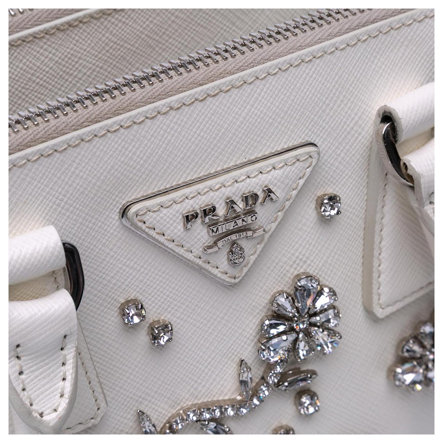 Prada Galleria White Mini Saffiano Lux Crystal Embellished Handbags