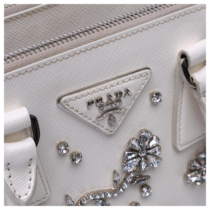 Prada Galleria White Mini Saffiano Lux Crystal Embellished Handbags