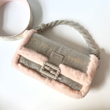 Fendi Silver Beaded Pink Fur Trimmed Baguette