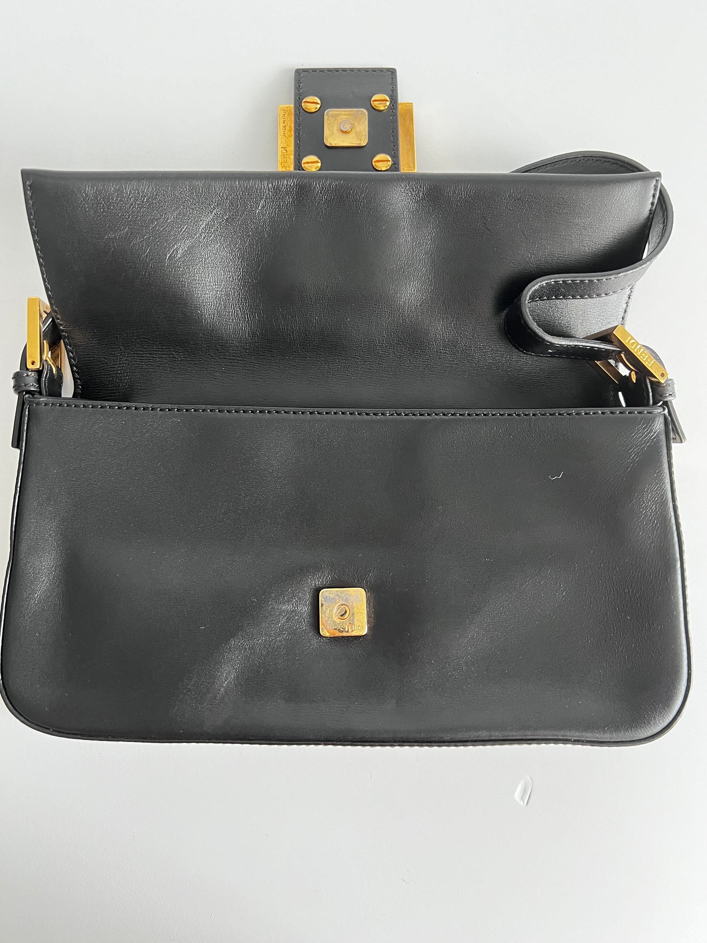 Fendi black leather enamel buckle baguette