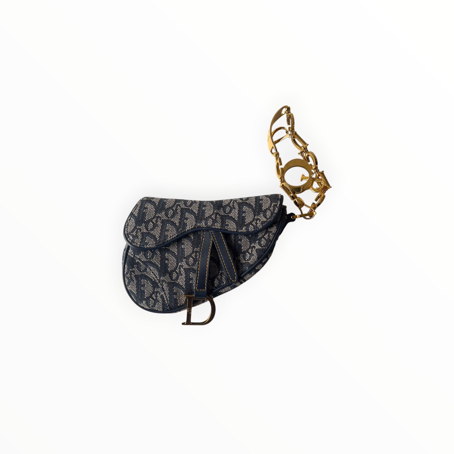 Vintage John Galliano era Dior Diorissimo Mini Saddle Charm Wristlet Bag in Navy Oblique Canvas with Gold-tone hardware.