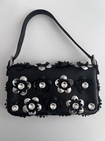 Fendi 3D flowers black leather baguette