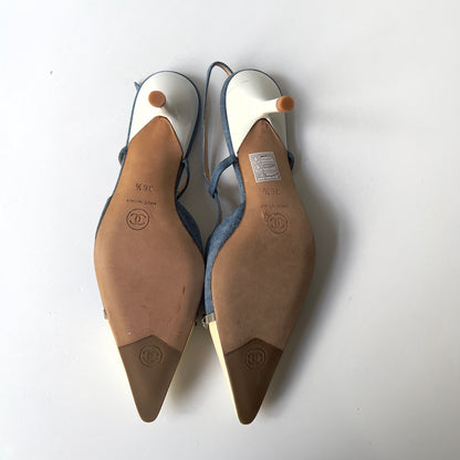 NWOT! Chanel Blue/Cream Denim Leather Crystal Embellished Pointed Toe Slingback Sandals Size6.5