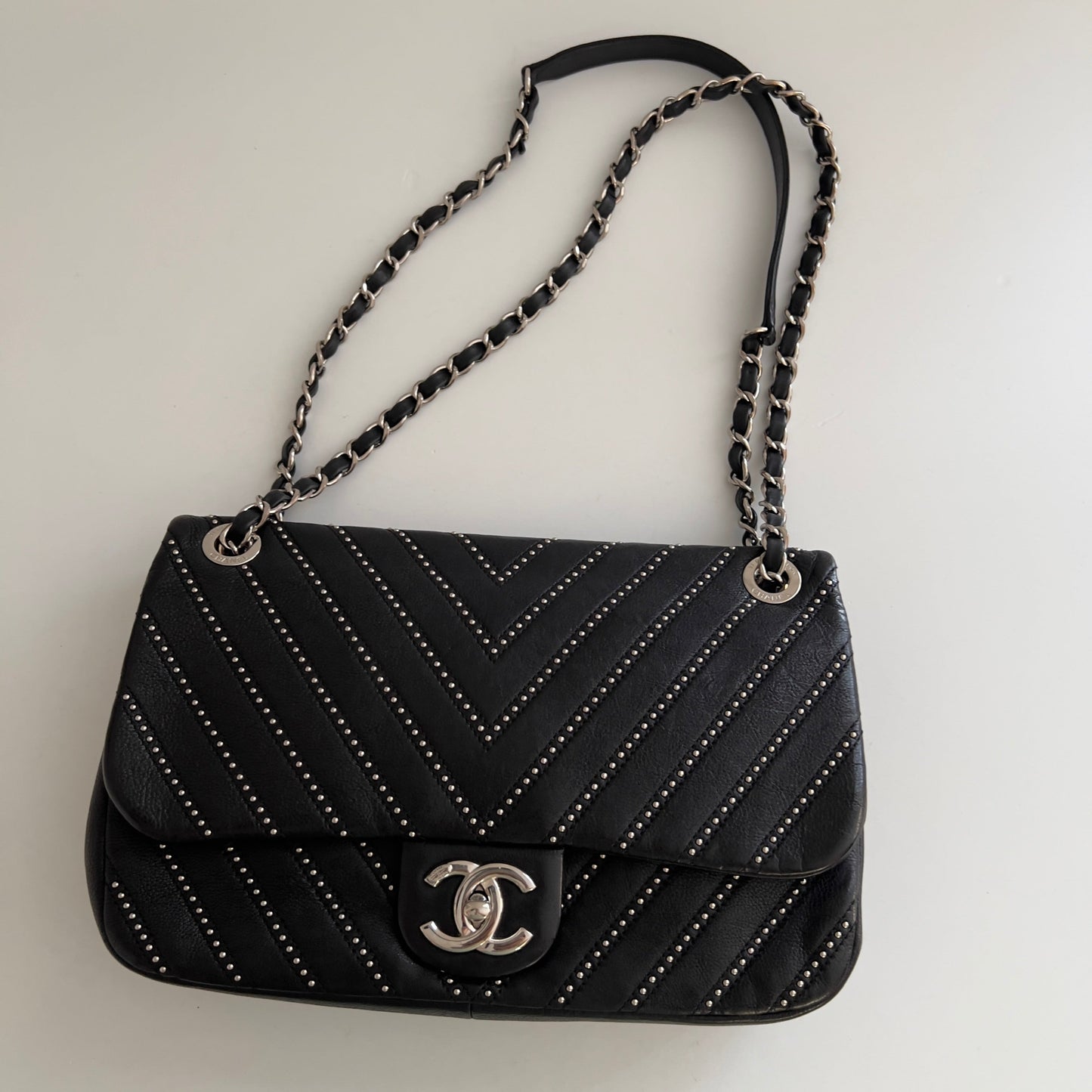 Chanel Calfskin Studded Chevron Medium Stud Wars Flap Black