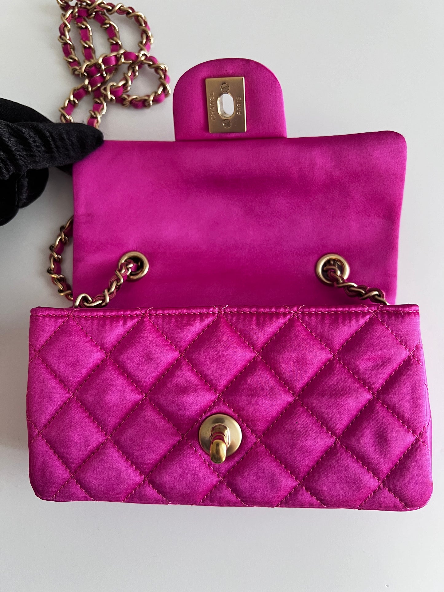 Chanel extra mini pink satin flap bag, like new