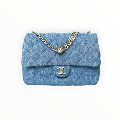 Chanel Denim Quilted Medium Camellia Sweetheart Flap Blue
