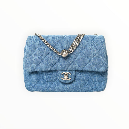 Chanel Denim Quilted Medium Camellia Sweetheart Flap Blue