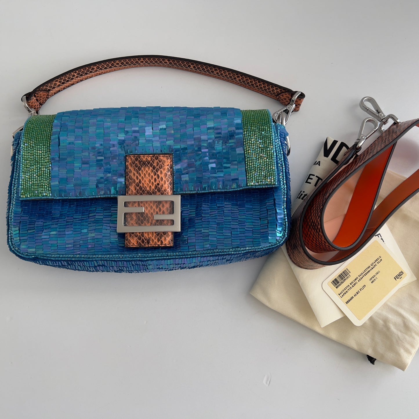 Fendi Reissue Green Stripe Blue Sequin Baguette