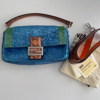 Fendi Reissue Green Stripe Blue Sequin Baguette