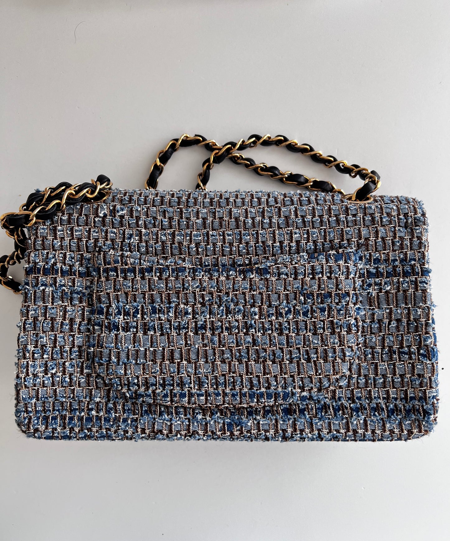 Chanel medium size blue tweed double flap bag