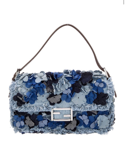 Fendi 3D flowers denim baguette