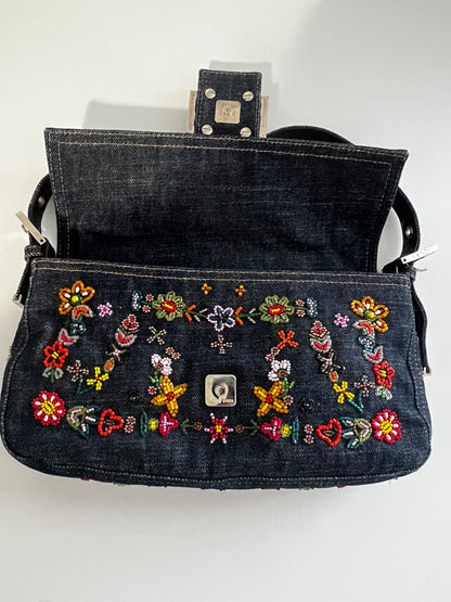 Fendi 15th anniversary denim floral beaded baguette