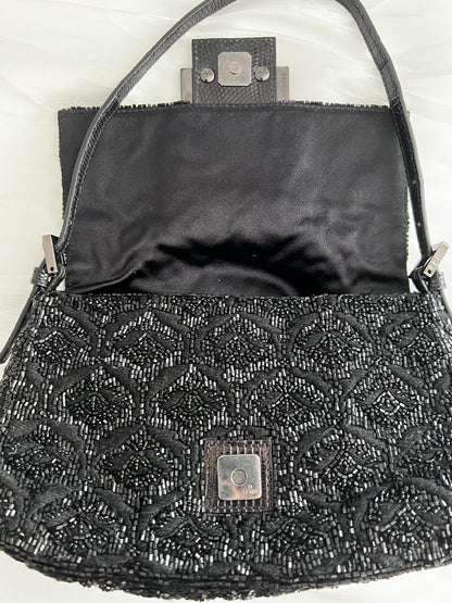 Fendi black rose pattern beaded mini mamma baguette