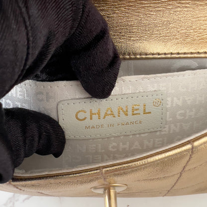Vintage Chanel 2005 Metallic Gold Chocolate Bar Quilted Triple Chain Mini Flap Bag
