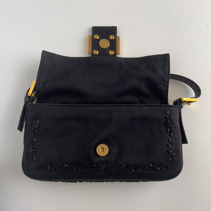 Vintage Fendi Black Embroidered Beads Cloth Baguette