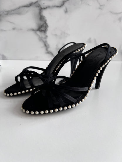 Chanel black satin pearl embellished ankle wrap heels