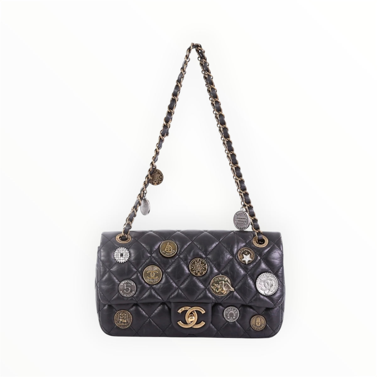 Chanel Vintage Black Quilted Leather Lucky Charms Medium Flap Bag