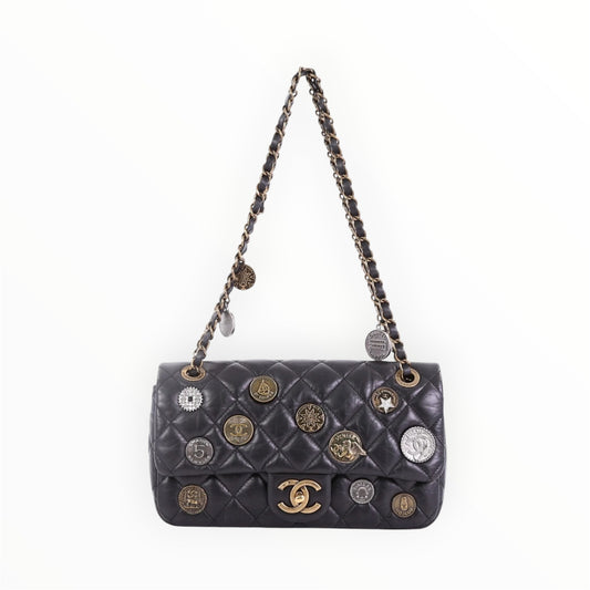 Chanel Vintage Black Quilted Leather Lucky Charms Medium Flap Bag