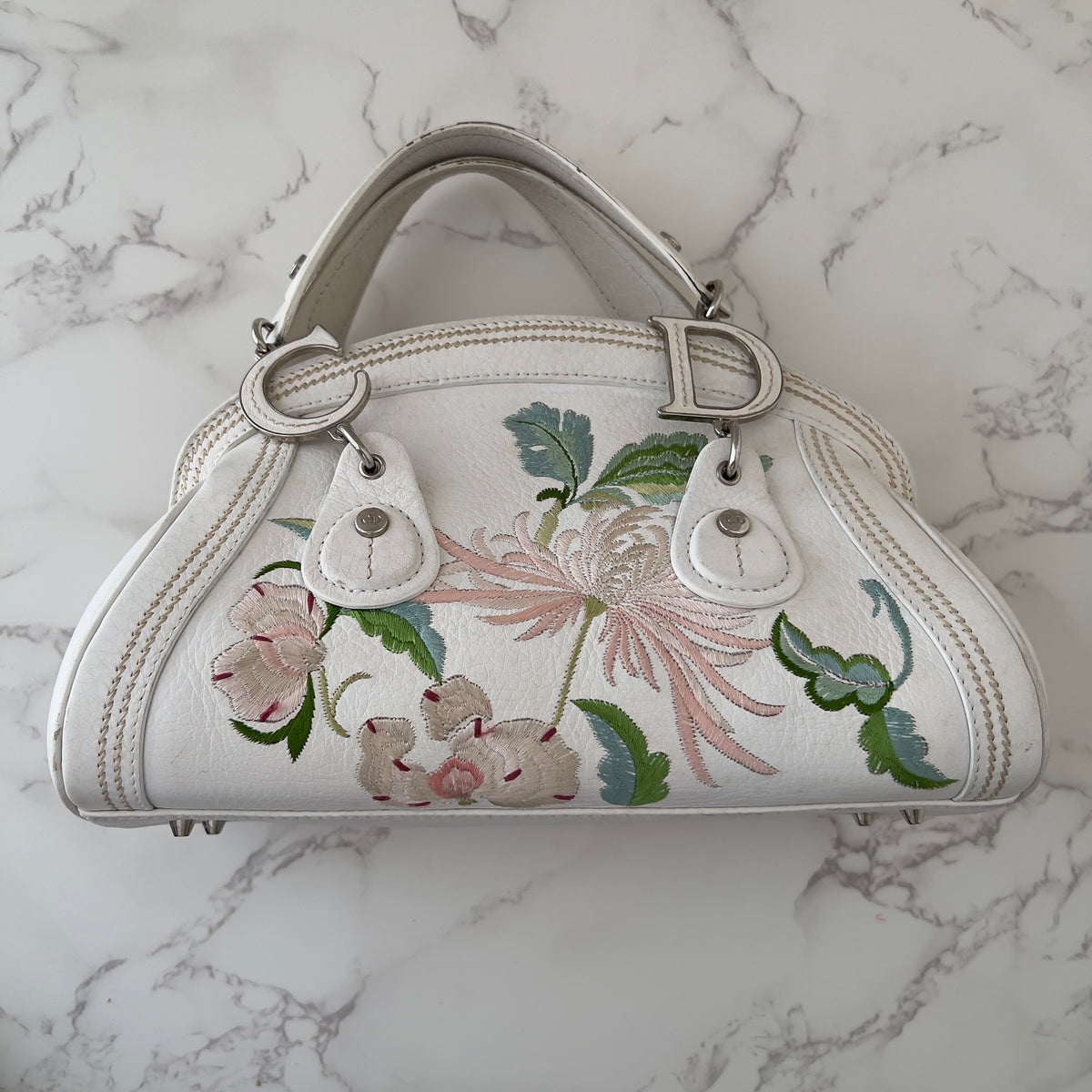 Vintage Christian Dior 2005 Floral Embroidered Detective Bowler Bag – White
