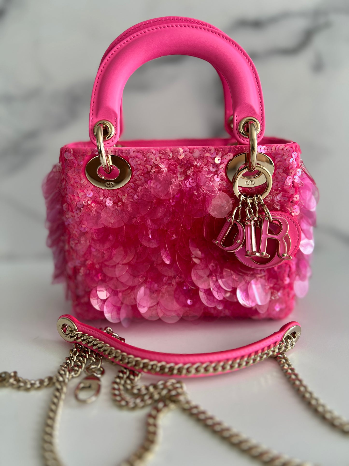 Dior 2022 runway style Barbie pink sequin mini lady Dior bag