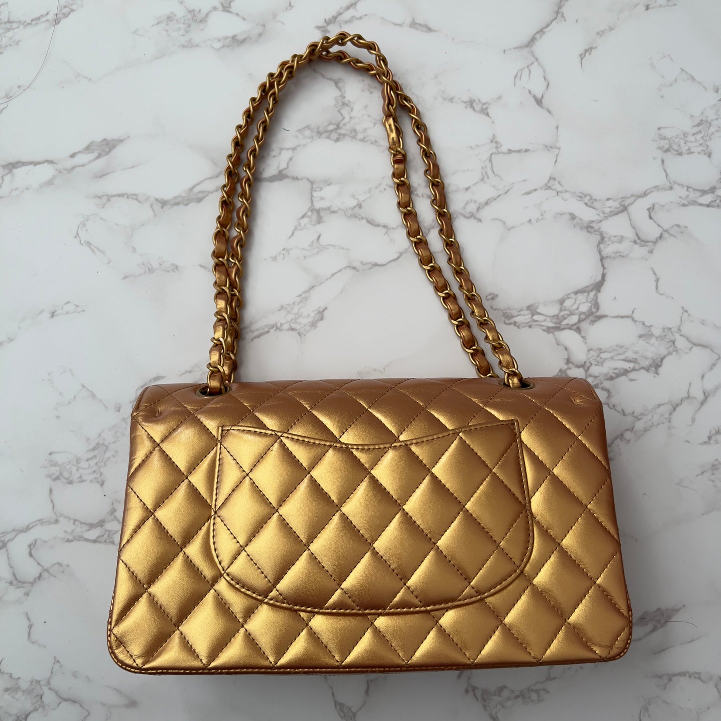 Chanel Metallic Lambskin Quilted Medium Double Flap Golden